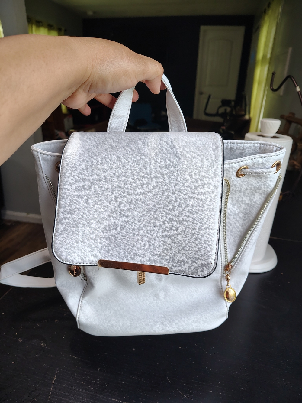 White Faux Leather Women's Backpack with Gold Hardware
